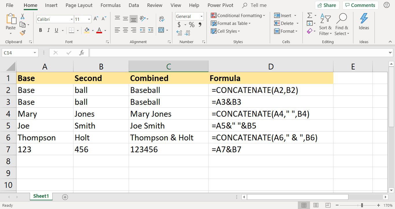 Снимок экрана, показывающий примеры функции Excel CONCATENATE