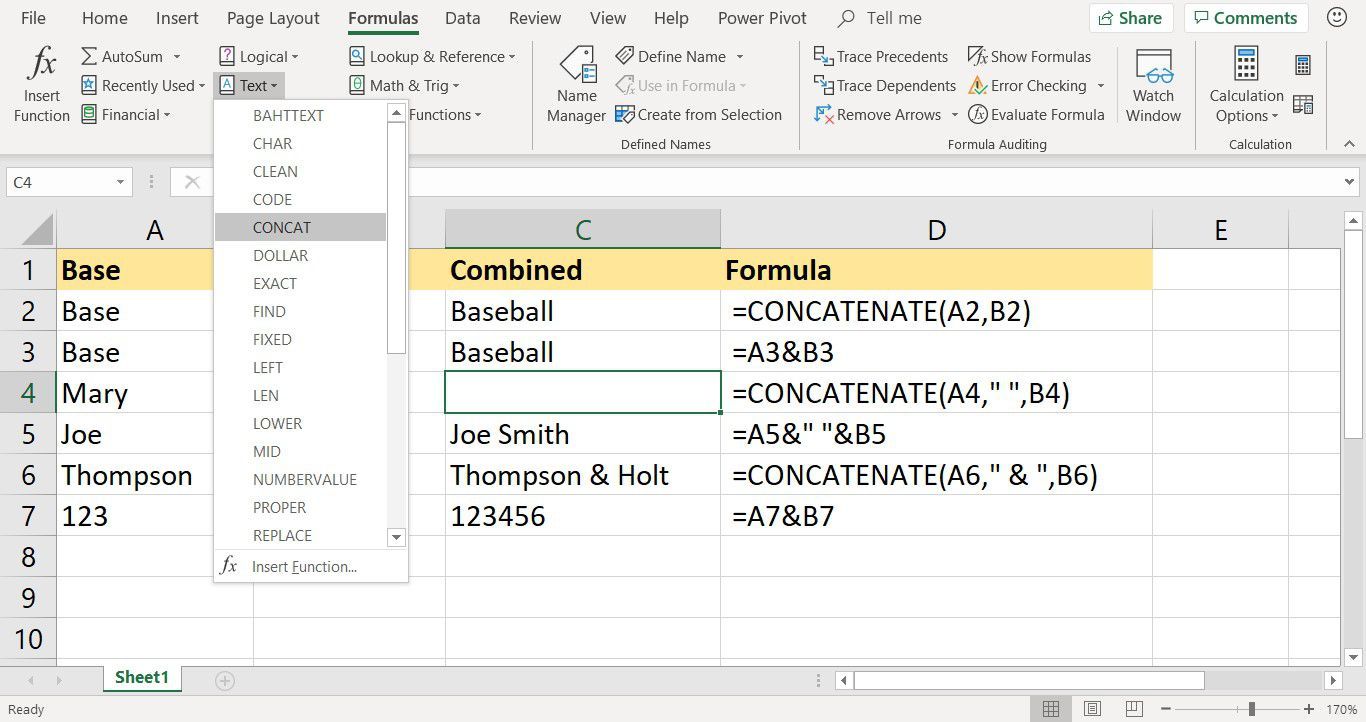 Снимок экрана, показывающий, где найти функцию CONCATENATE в Excel