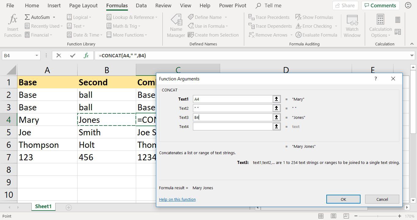 Снимок экрана, показывающий, как создать функцию CONCATENATE с помощью диалогового окна Аргументы функции Excel