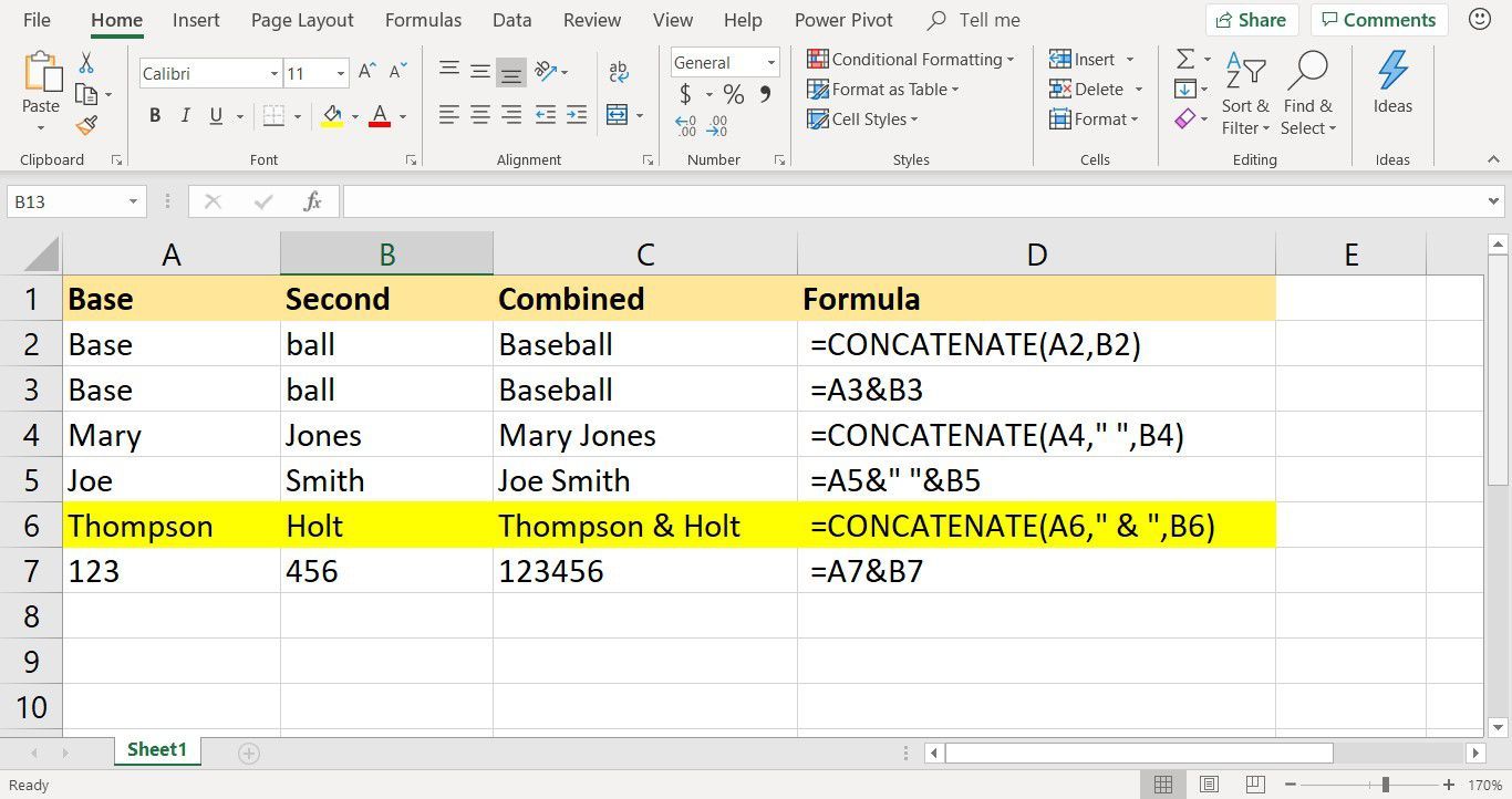 Снимок экрана Excel, показывающий использование функции сцепления с амперсандами