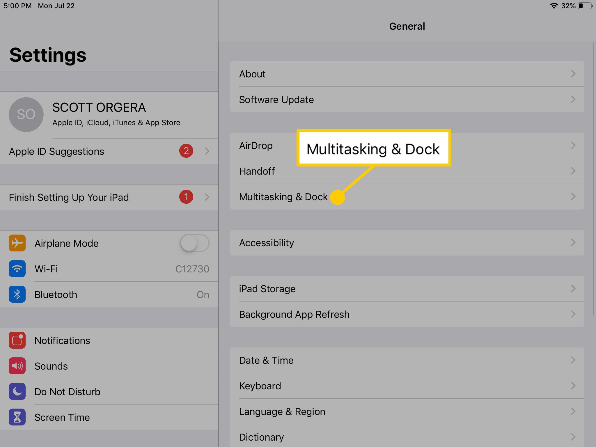 Расположение Multitasking & Doc в общих настройках iPad.