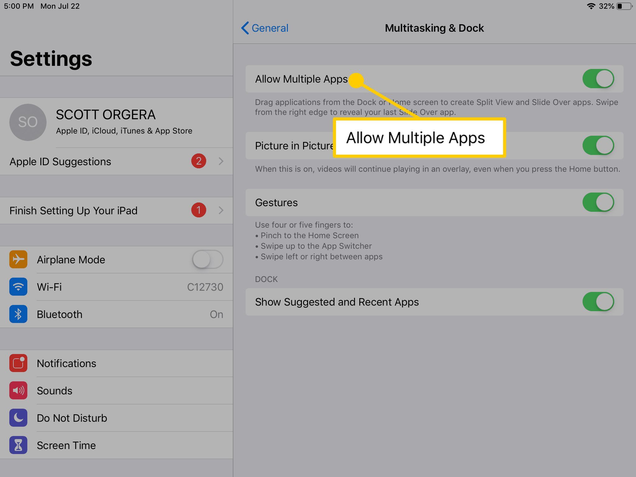 Разрешить несколько приложений в iPad's Multitasking & Dock menu.