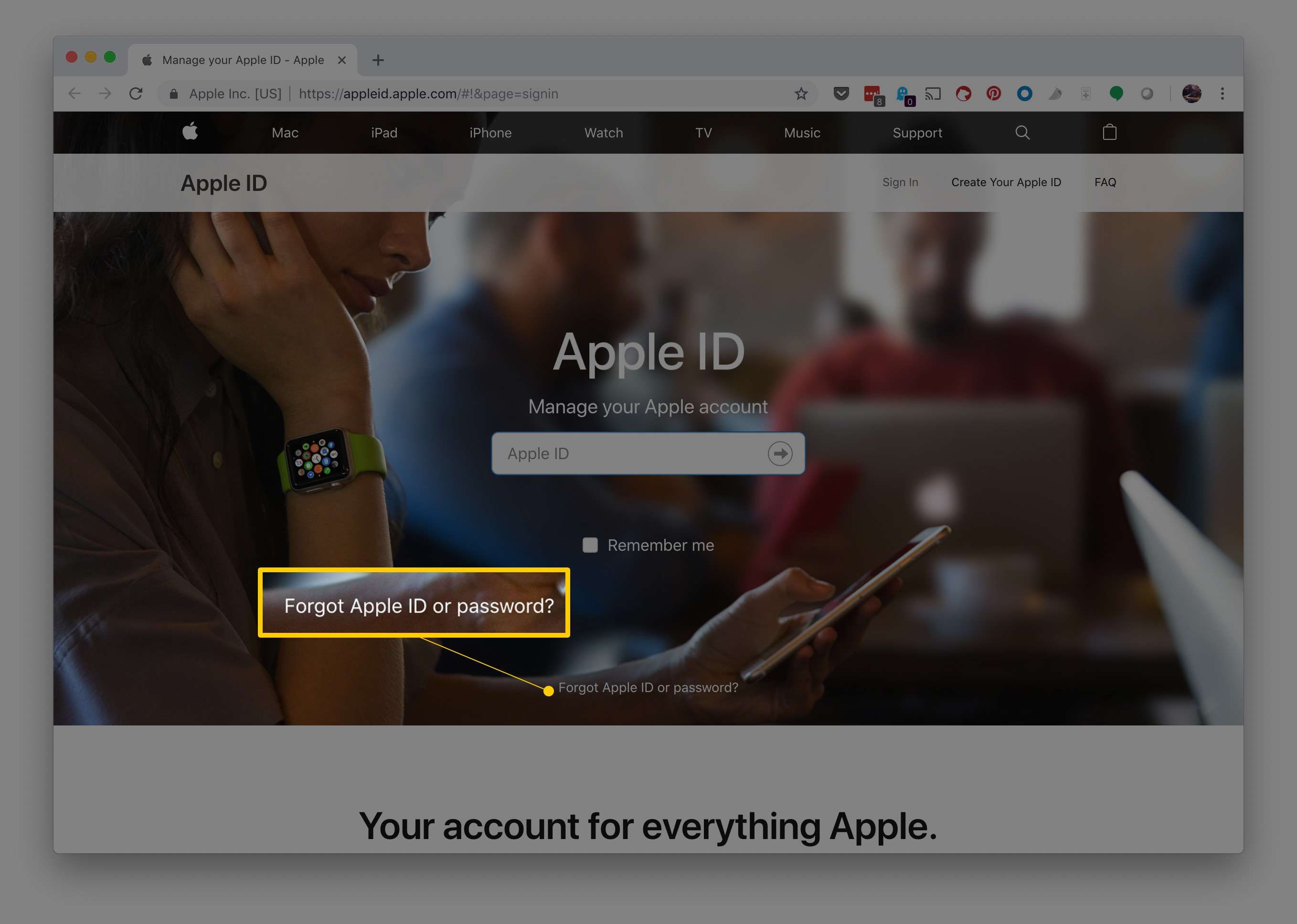 Забыли Apple ID или пароль? ссылка на веб-странице Apple ID