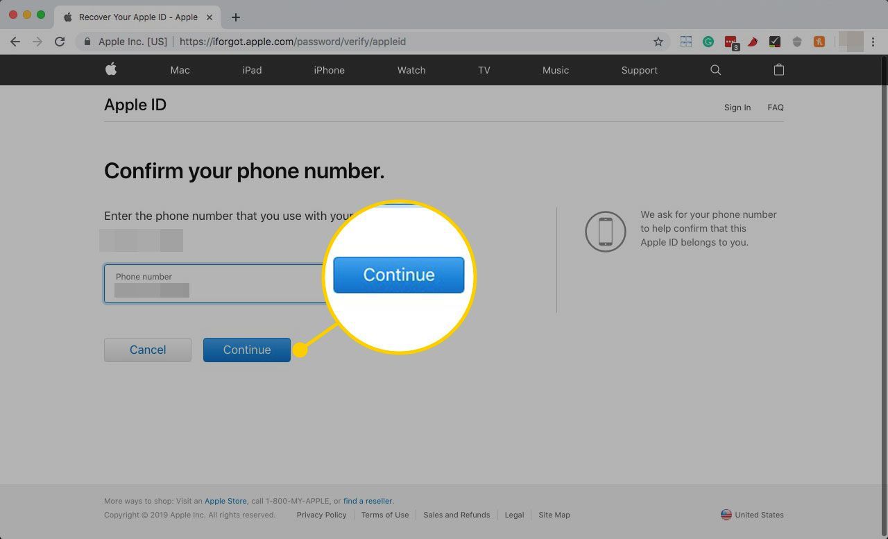 Подтверждение номера телефона для сброса пароля Apple ID