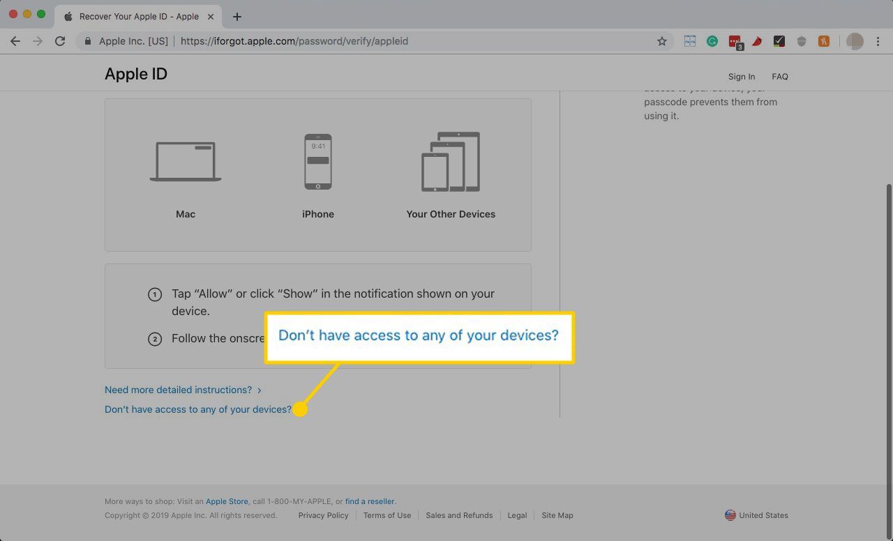дон't have access to any of your devices option on Apple ID site