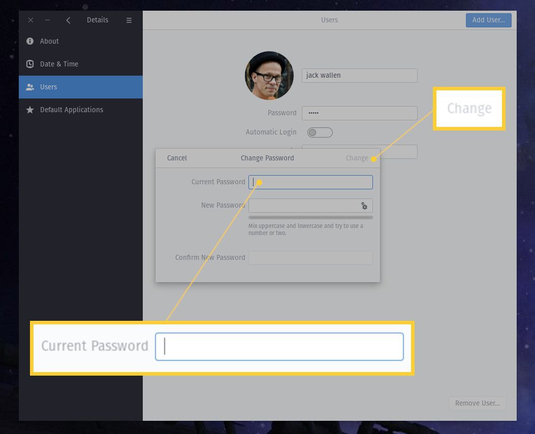 Снимок экрана: изменение пароля пользователя с помощью графического интерфейса GNOME.