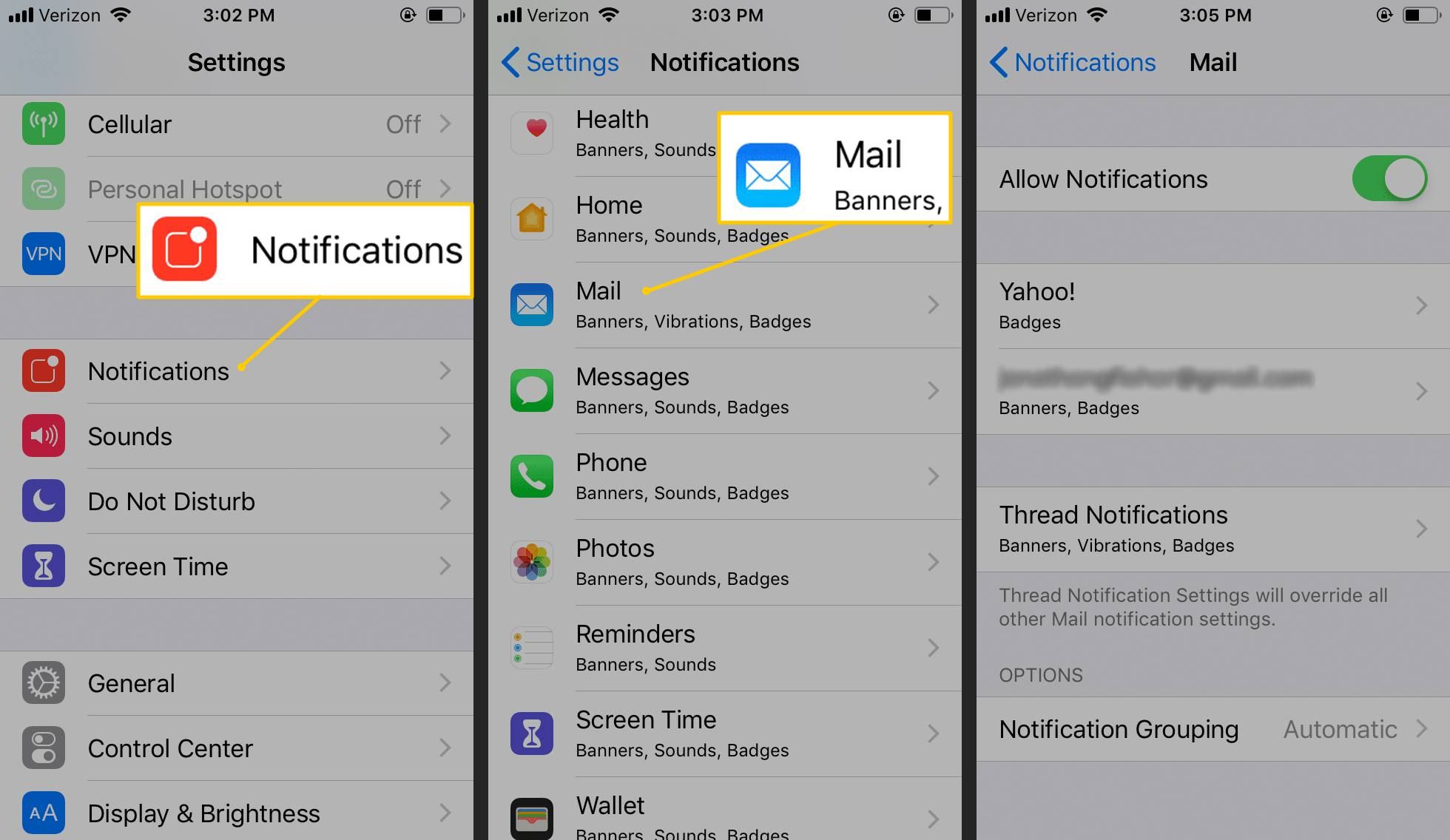 Уведомления, значки почты в настройках iOS