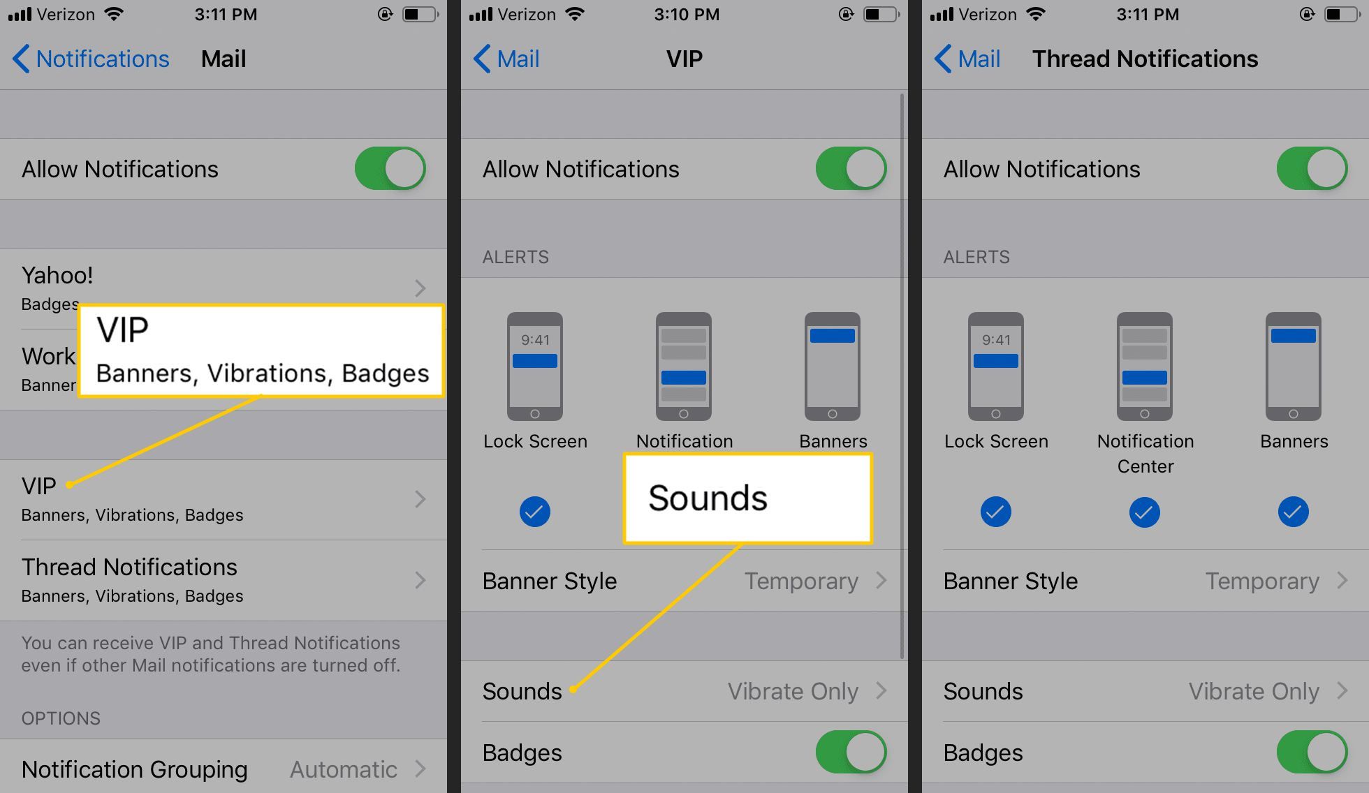 VIP настройки, Звуки, Нити-уведомления в настройках iOS
