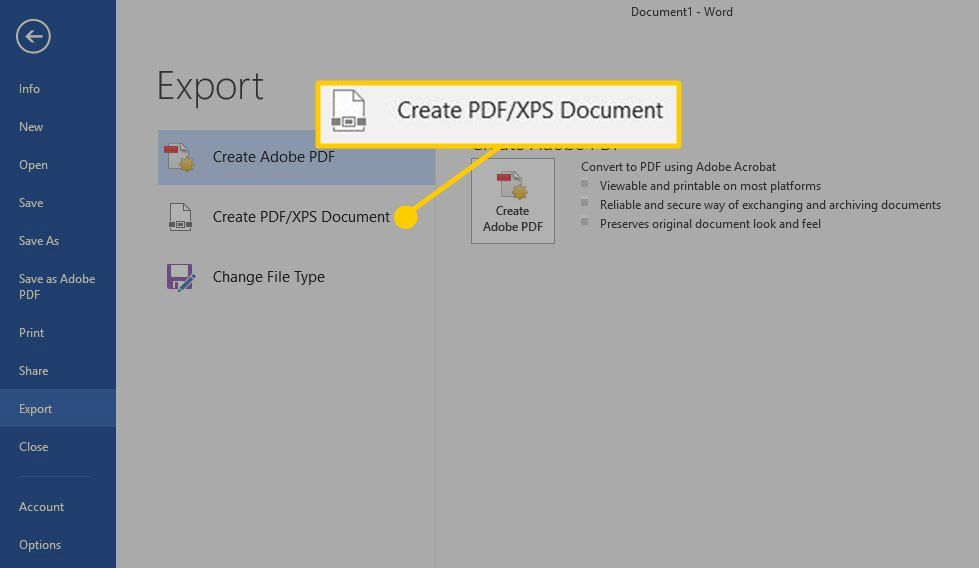 Параметр «Создать документ PDF / XPS» в Microsoft Word.