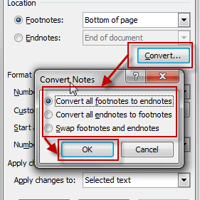 Конвертировать все сноски или сноски на скриншоте Word 2010