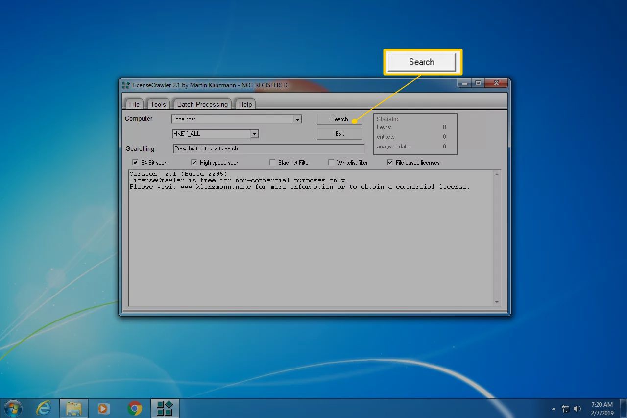 Кнопка поиска в приложении LicenseCrawler для Windows