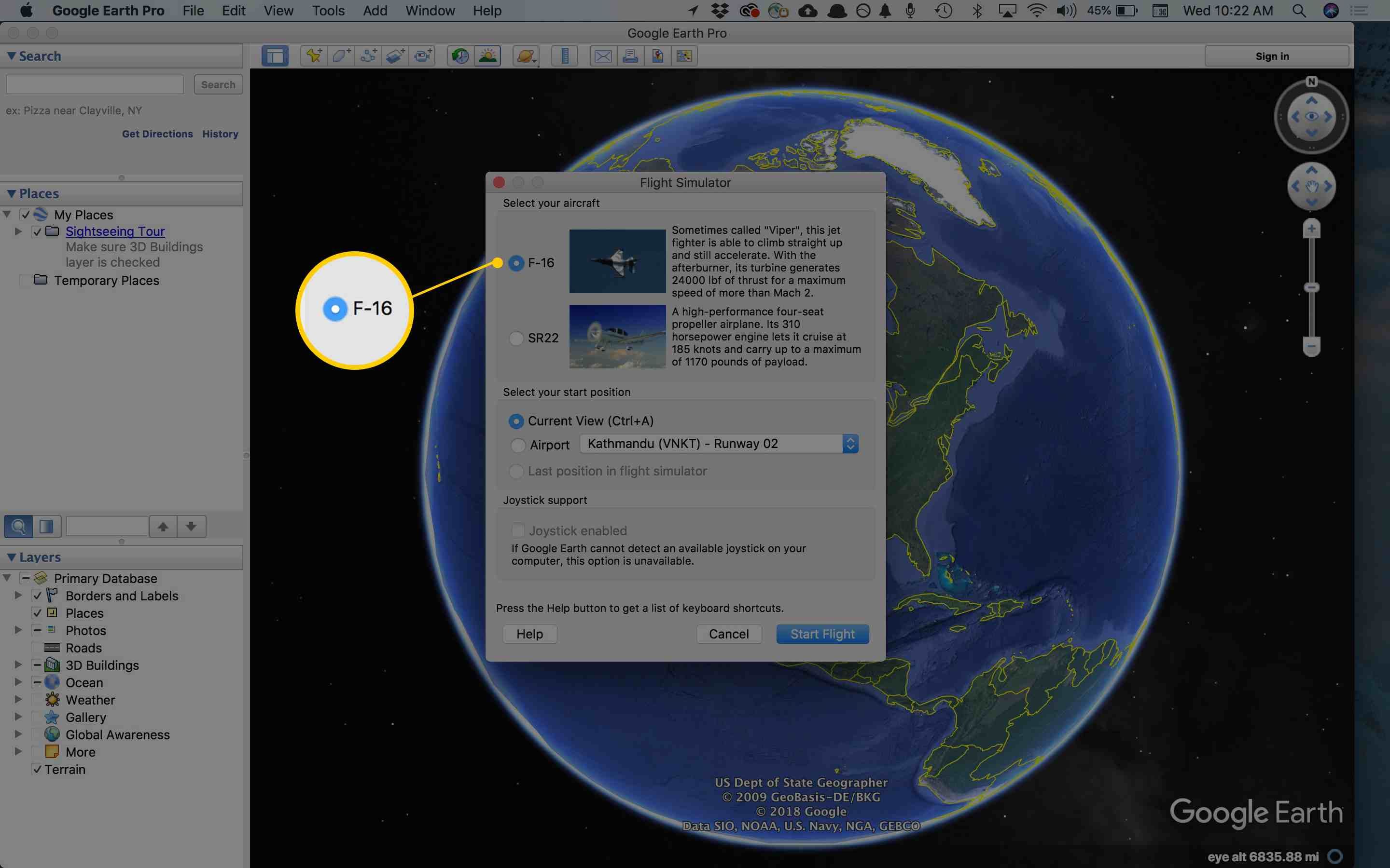 Снимок экрана параметров самолета в имитаторе полета Google Планета Земля (Mac)