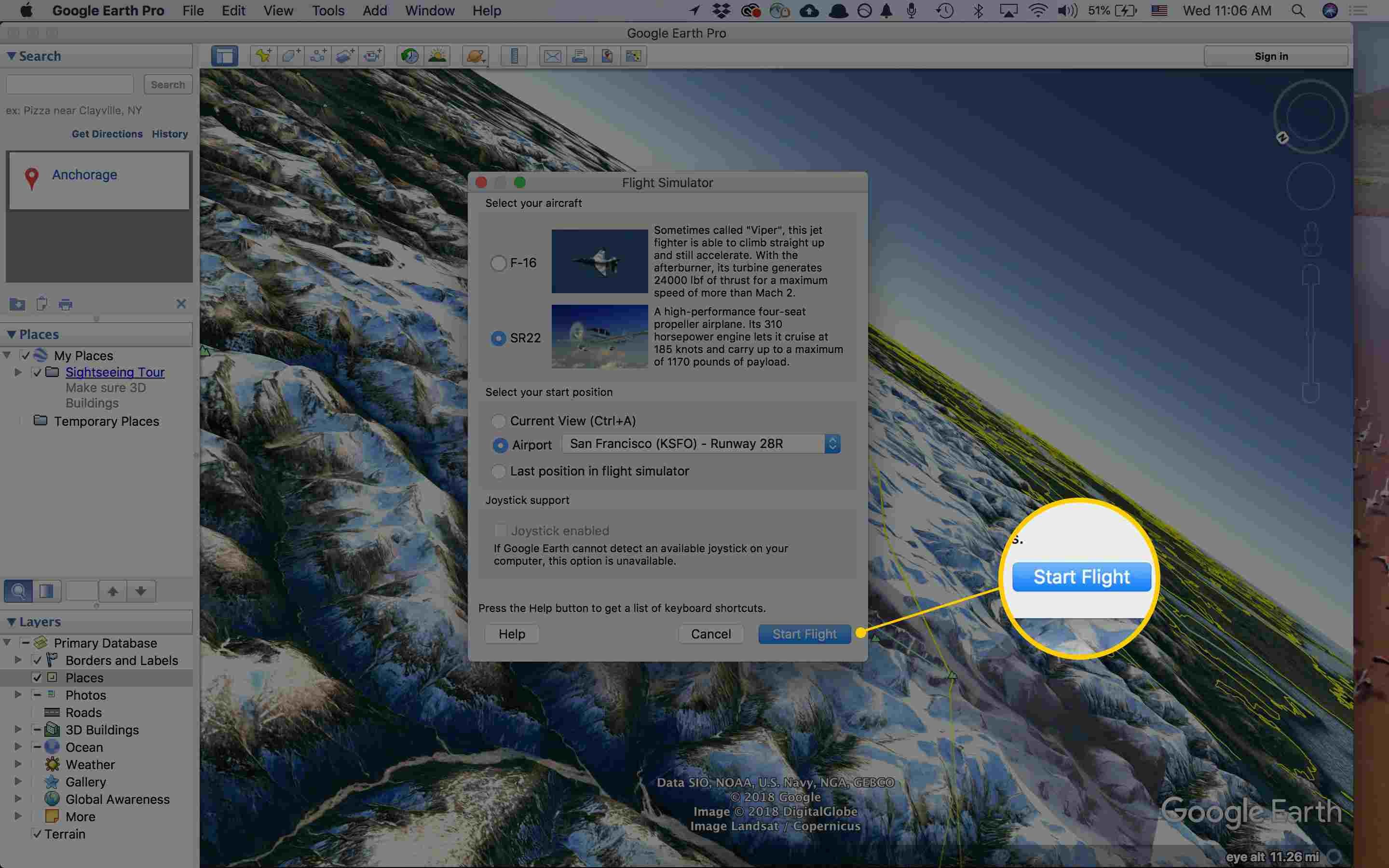 Снимок экрана Google Планета Земля Про's Start Flight button (Mac)