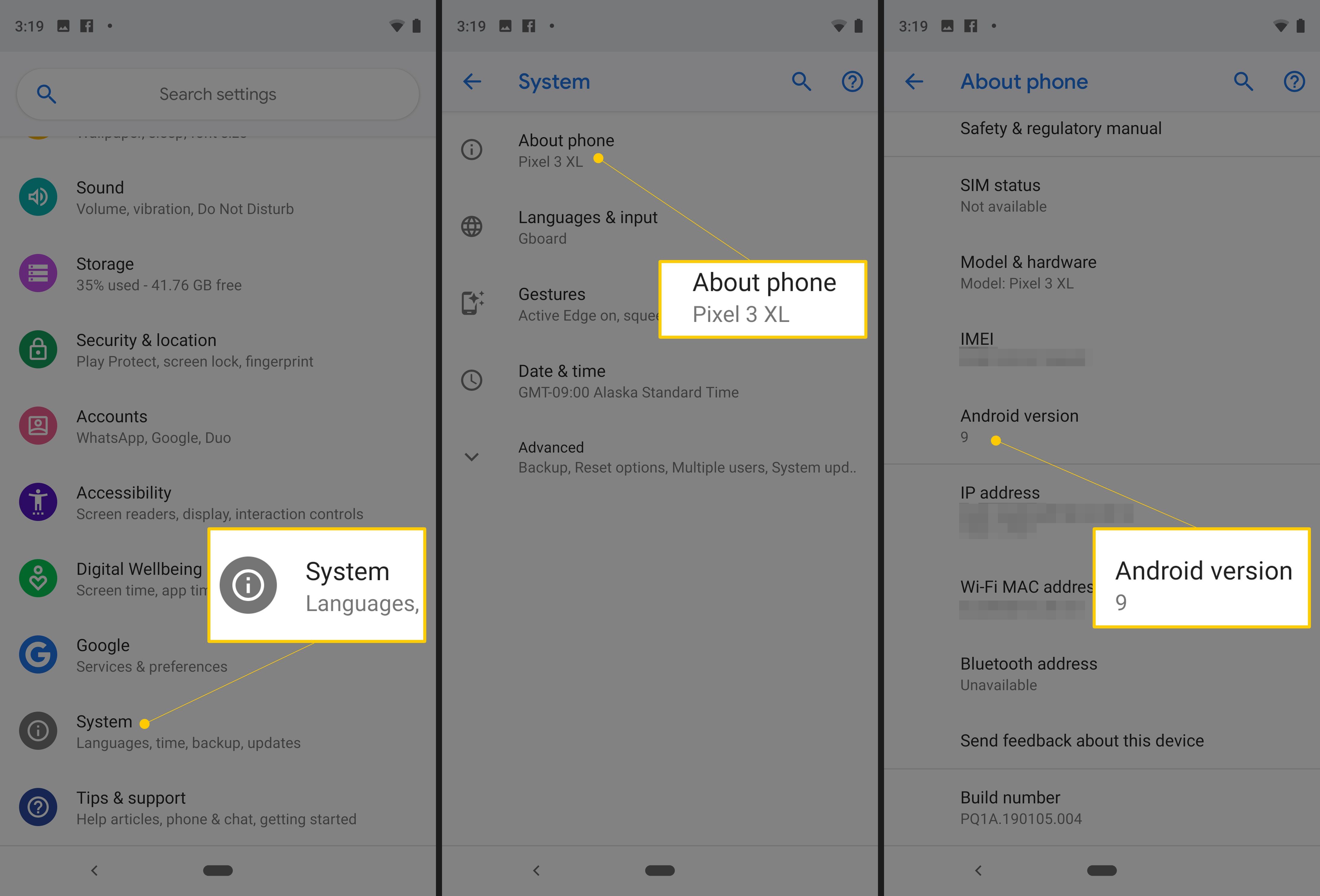Система, О телефоне, версия Android на Pixel stock Android
