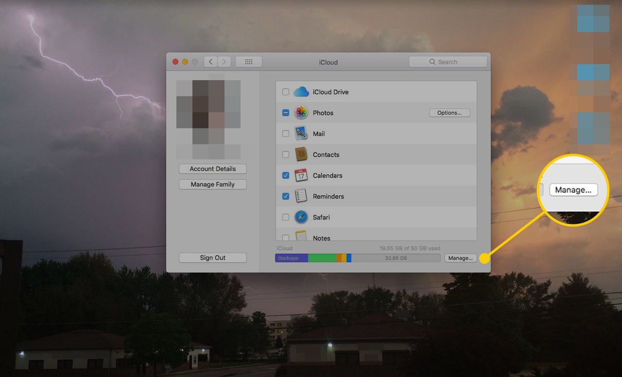 Кнопка управления хранилищем iCloud на Mac