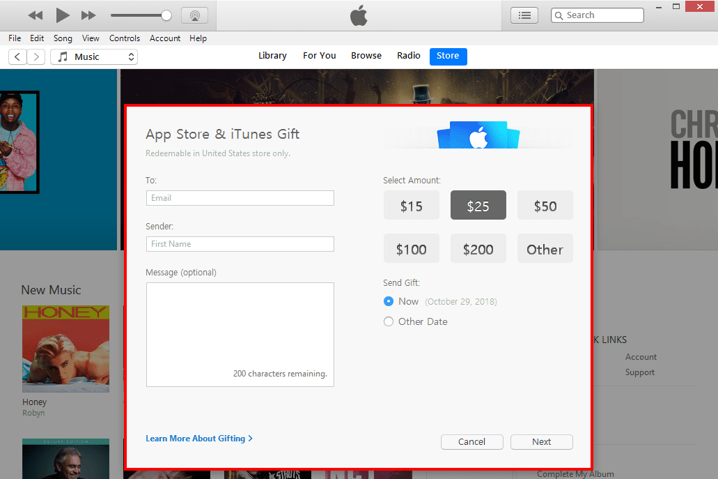 Снимок экрана с вариантами подарков в iTunes