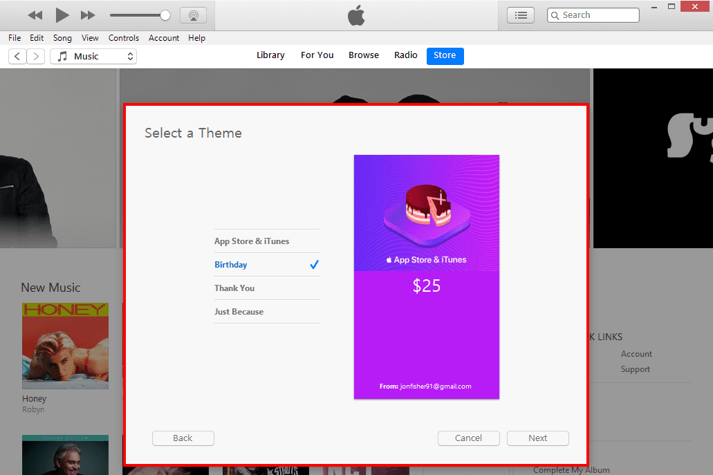 Скриншот темы подарочного сертификата в iTunes