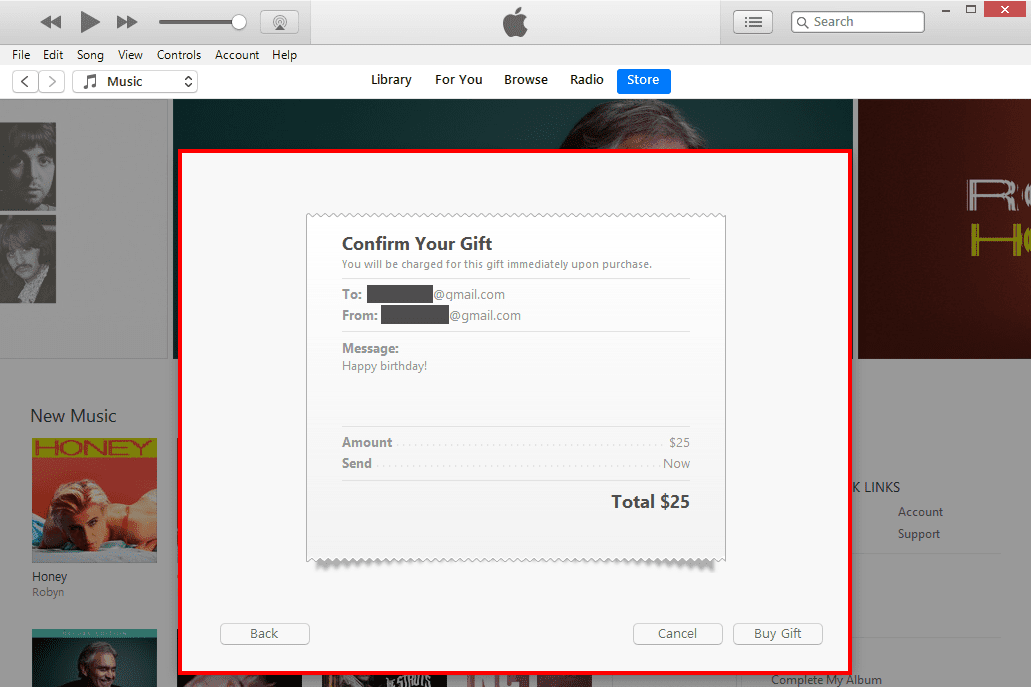 Снимок экрана со сводной страницей при отправке подарочного сертификата через iTunes