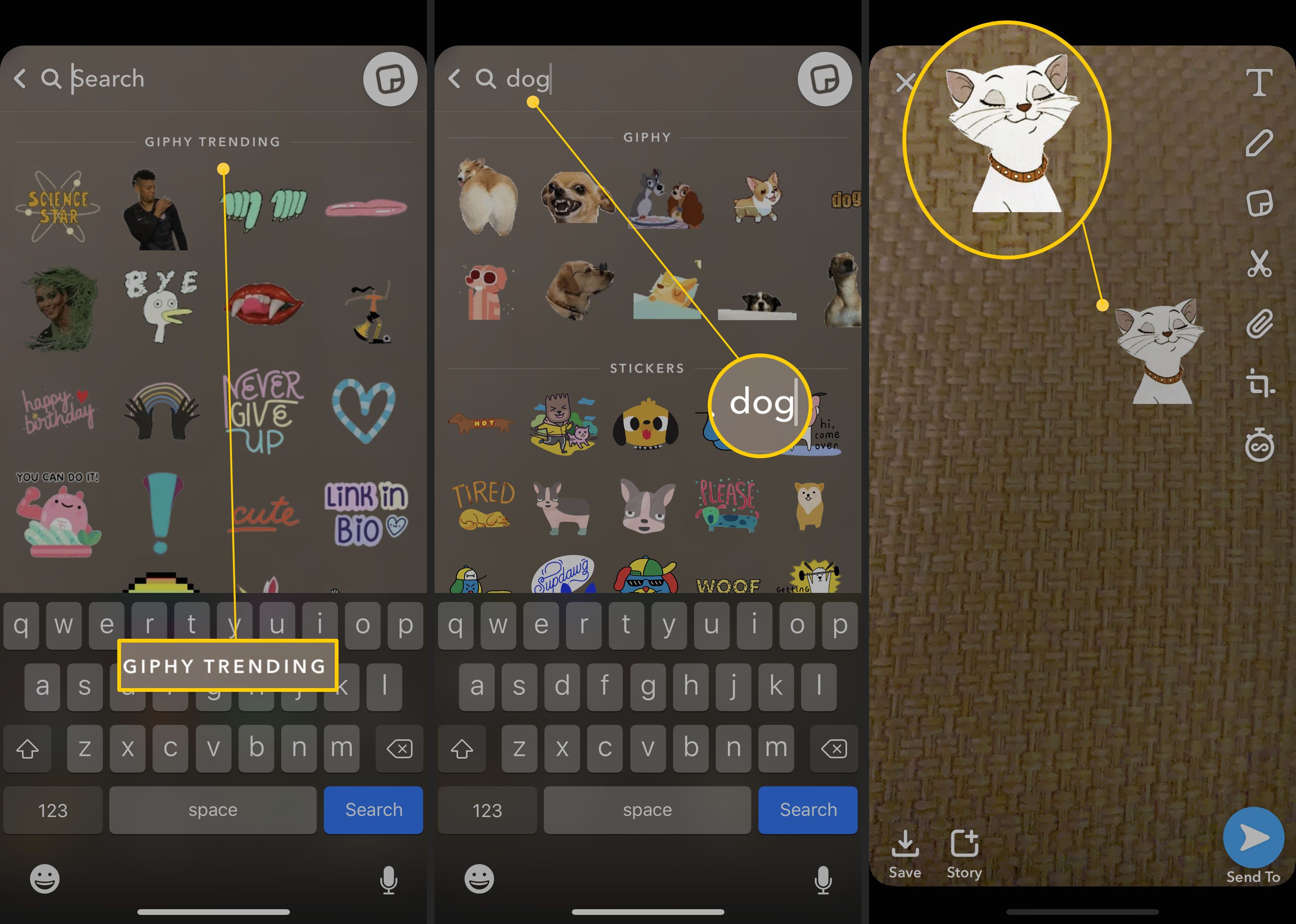 Шаги по поиску GIF-файлов через Snapchat's GIF interface