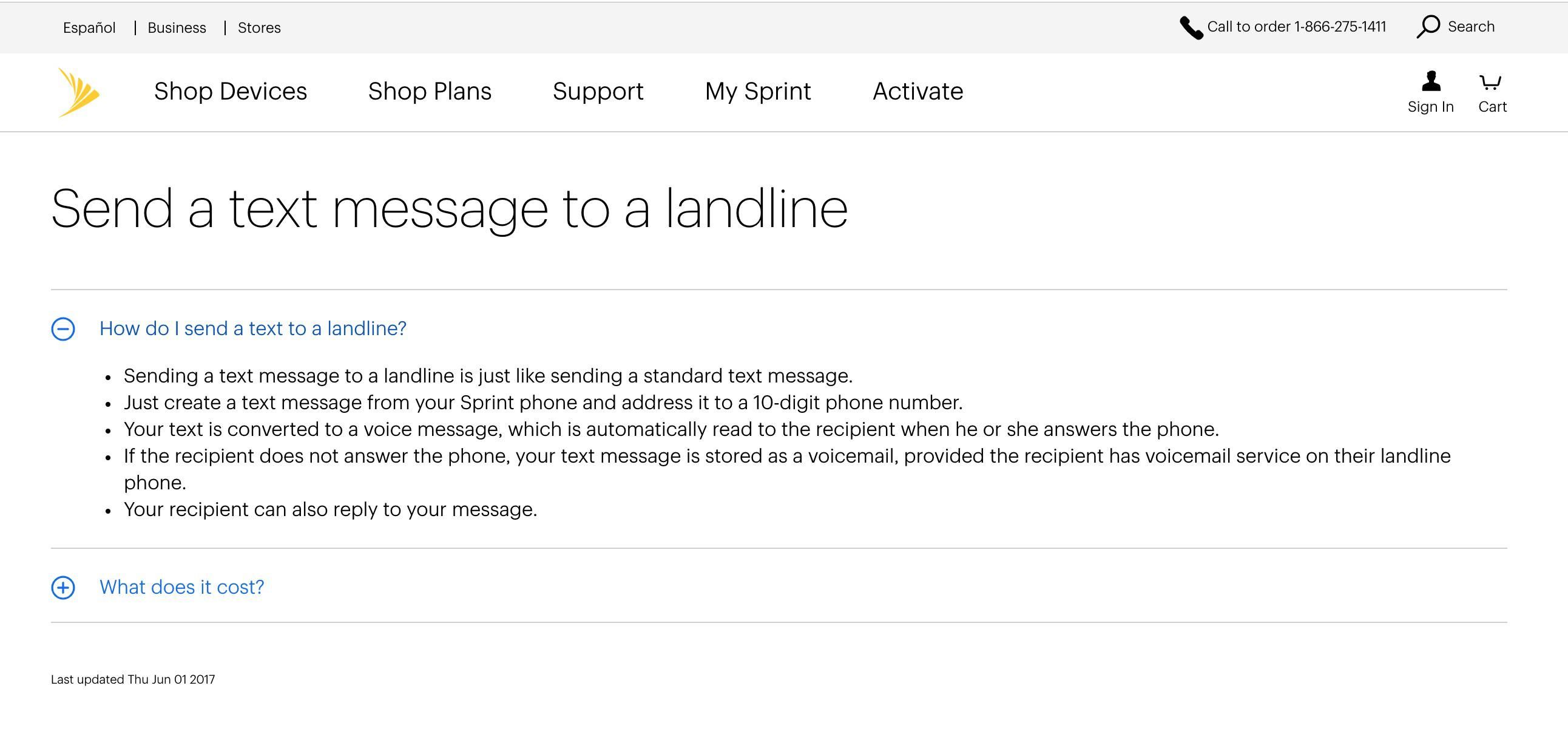 Сайт Sprint, который позволяет отправлять текстовые сообщения на стационарный телефон