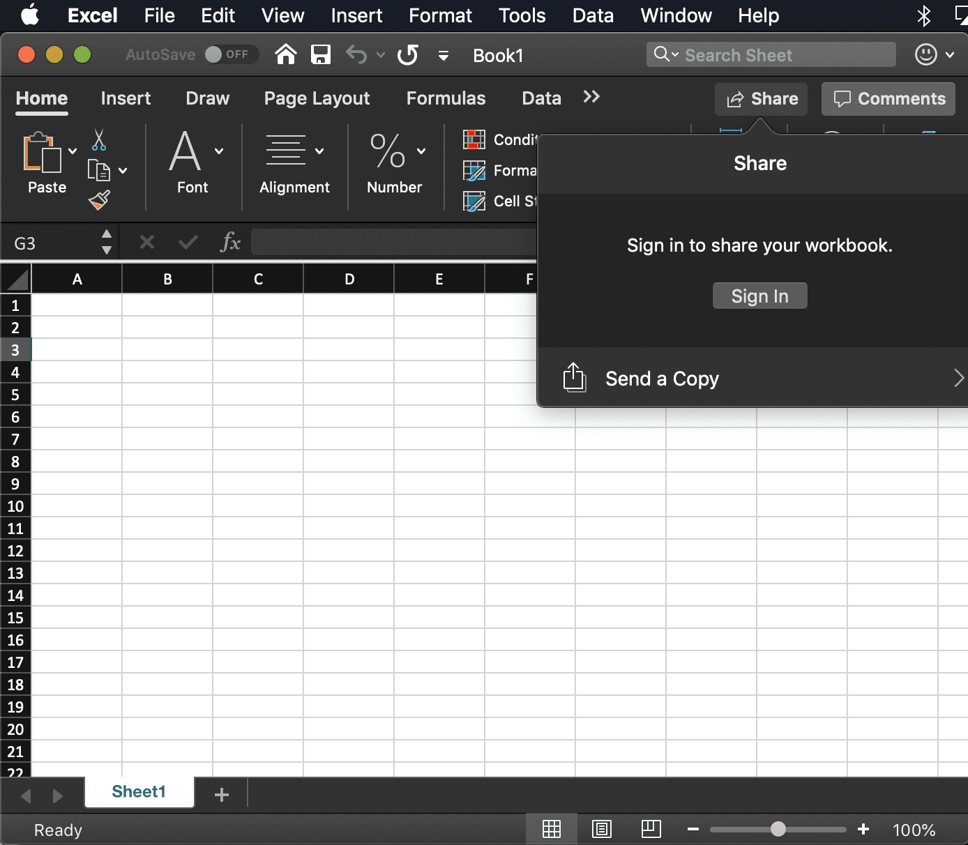 снимок экрана диалогового окна Excel Share