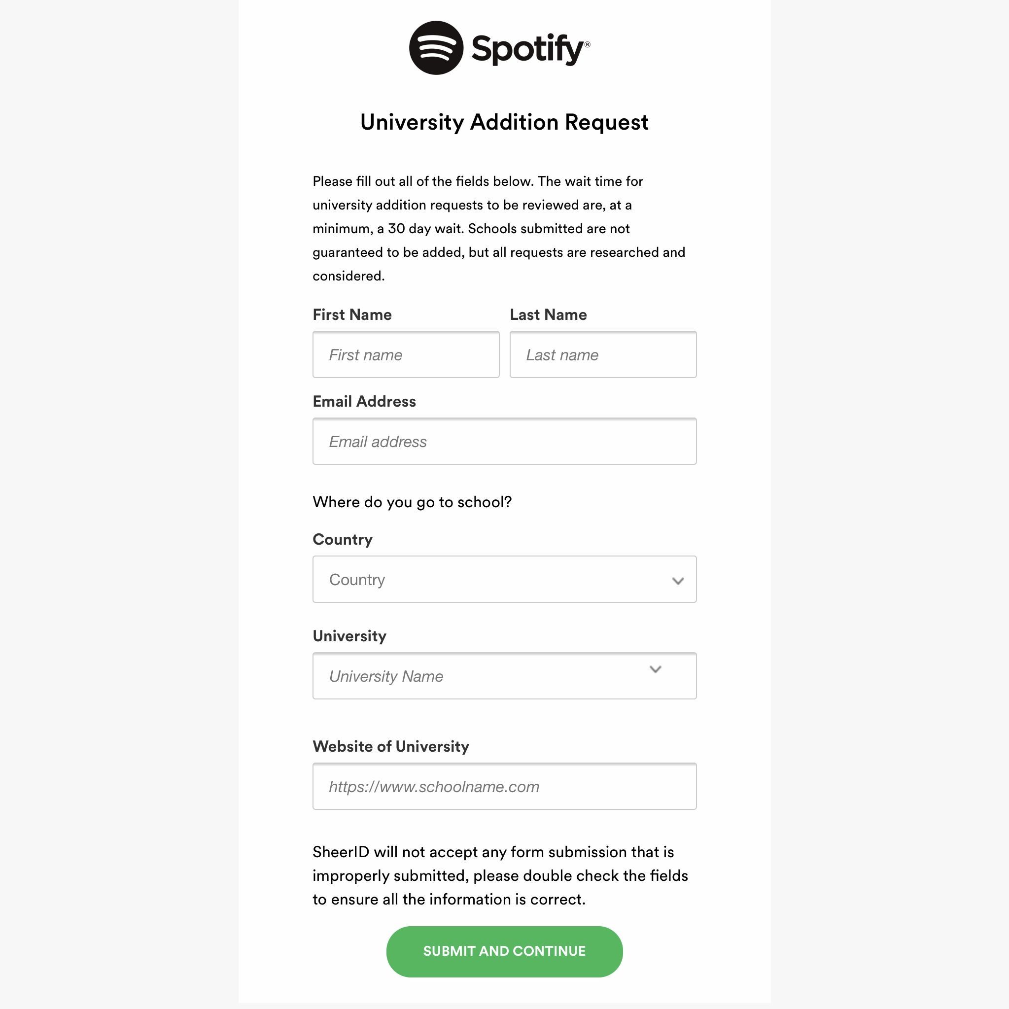 Снимок экрана формы запроса на добавление в университет Spotify на SheerID