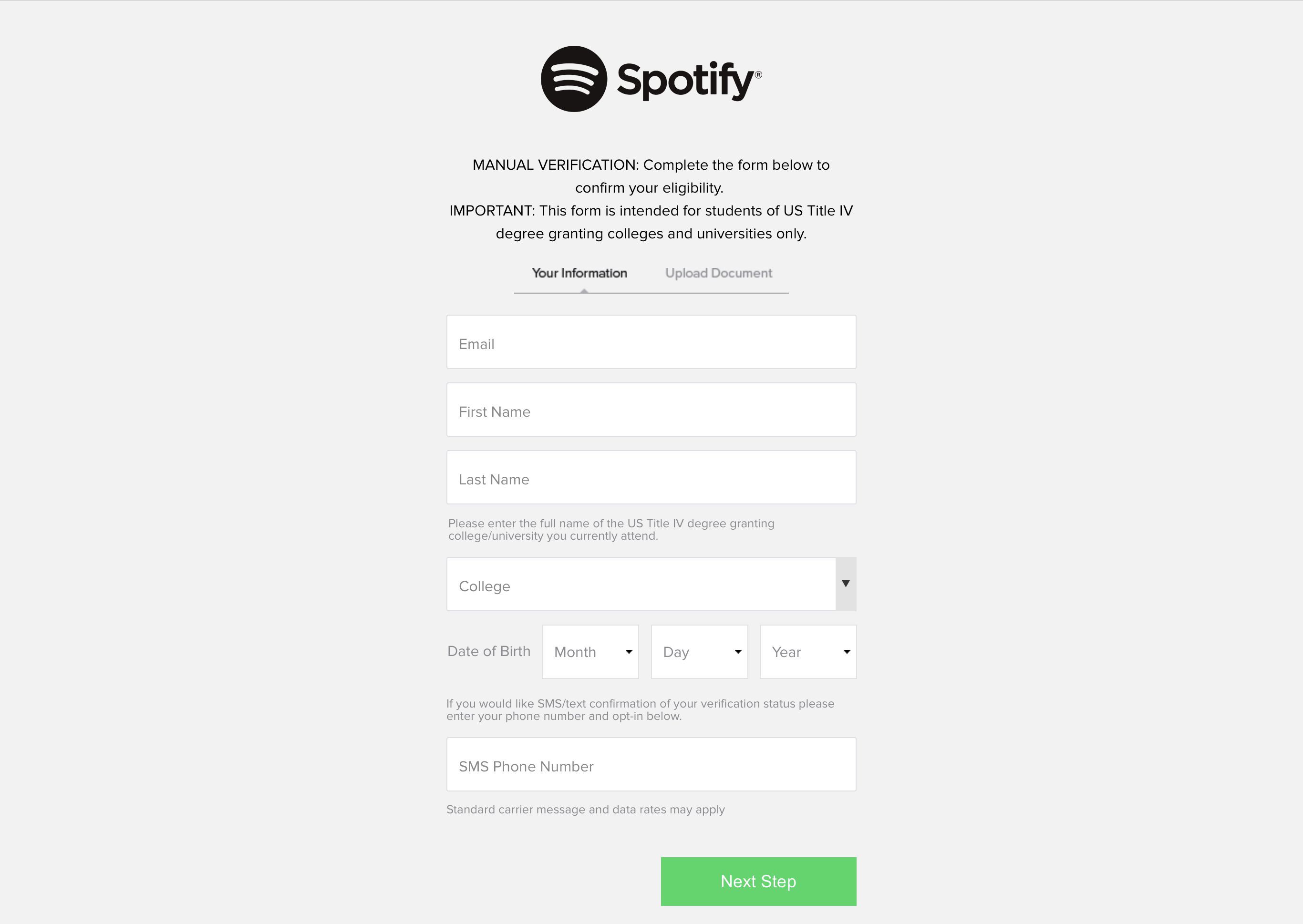 Снимок экрана экрана регистрации ученика Spotify