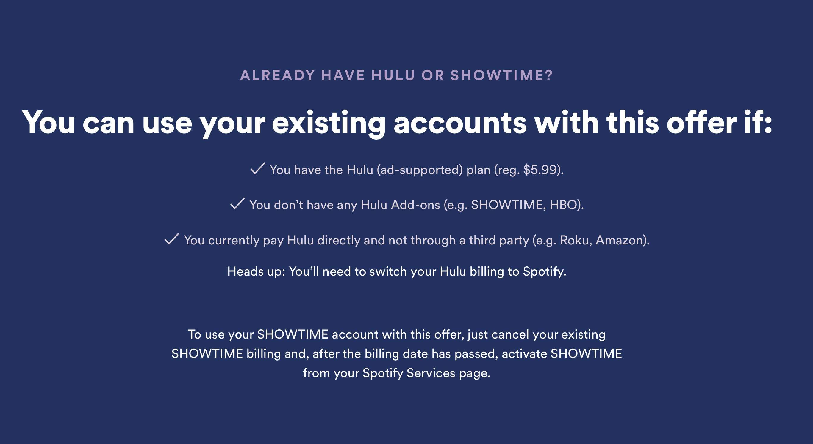 Снимок экрана: критерии Spotify Premium для студентов для привязки аккаунта Hulu и / или Showtime.
