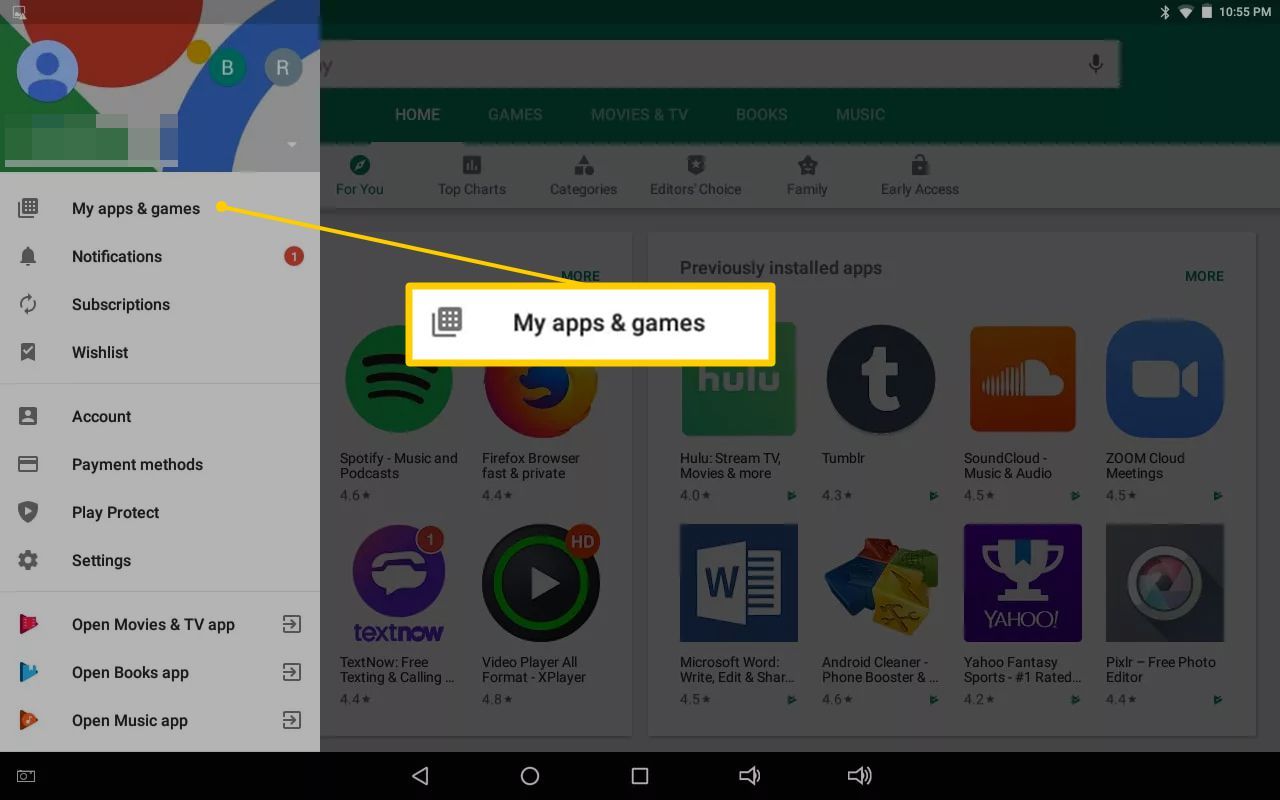 Кнопка «Мои приложения и игры» в Google Play