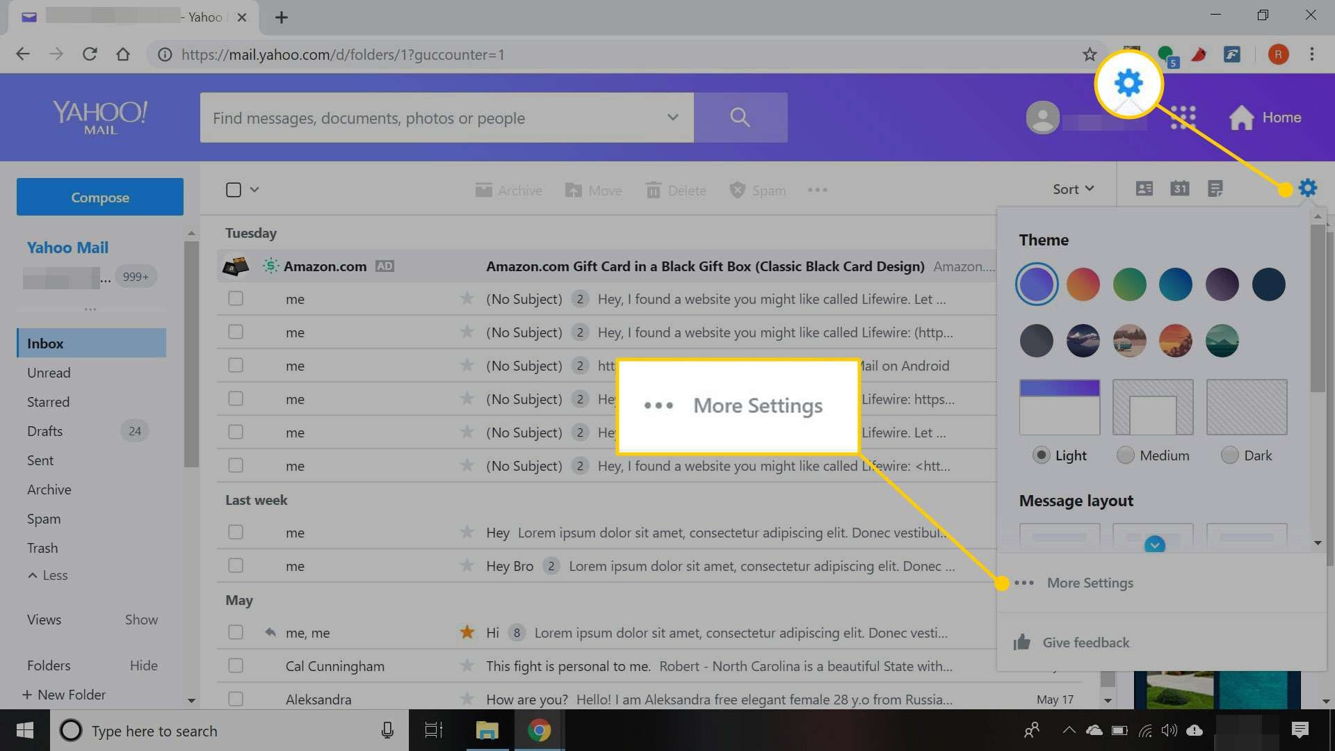 Входящие в Yahoo Mail с выделенными кнопками «Настройки» и «Дополнительные настройки»