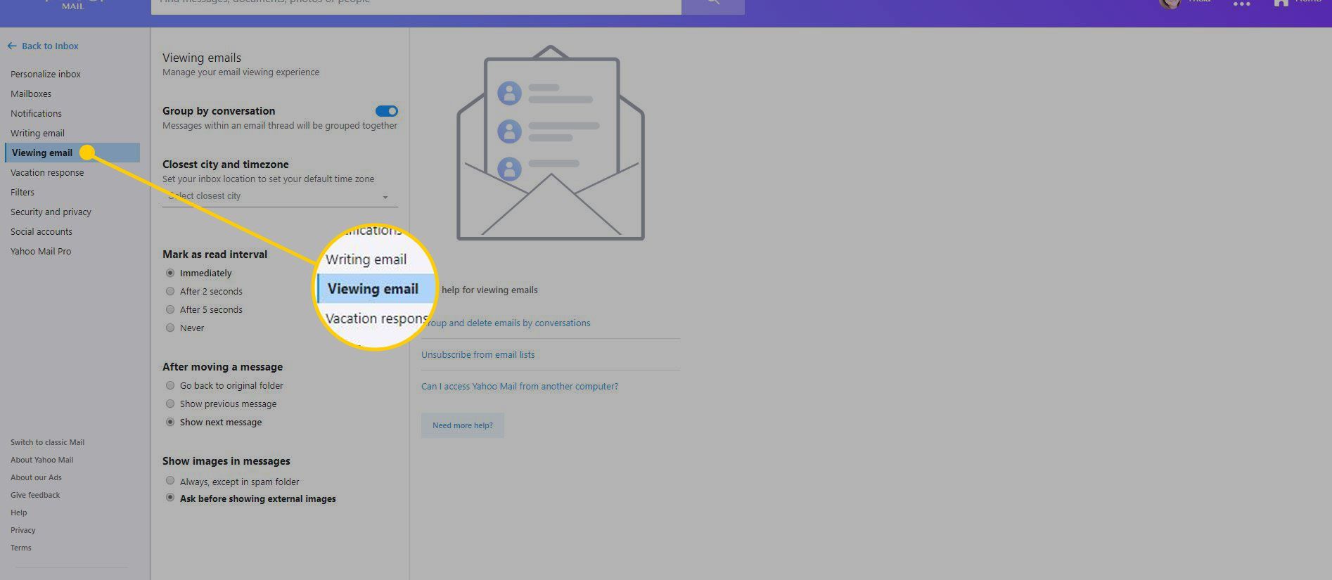 Настройки Почты Yahoo с выделенным заголовком Просмотр электронной почты