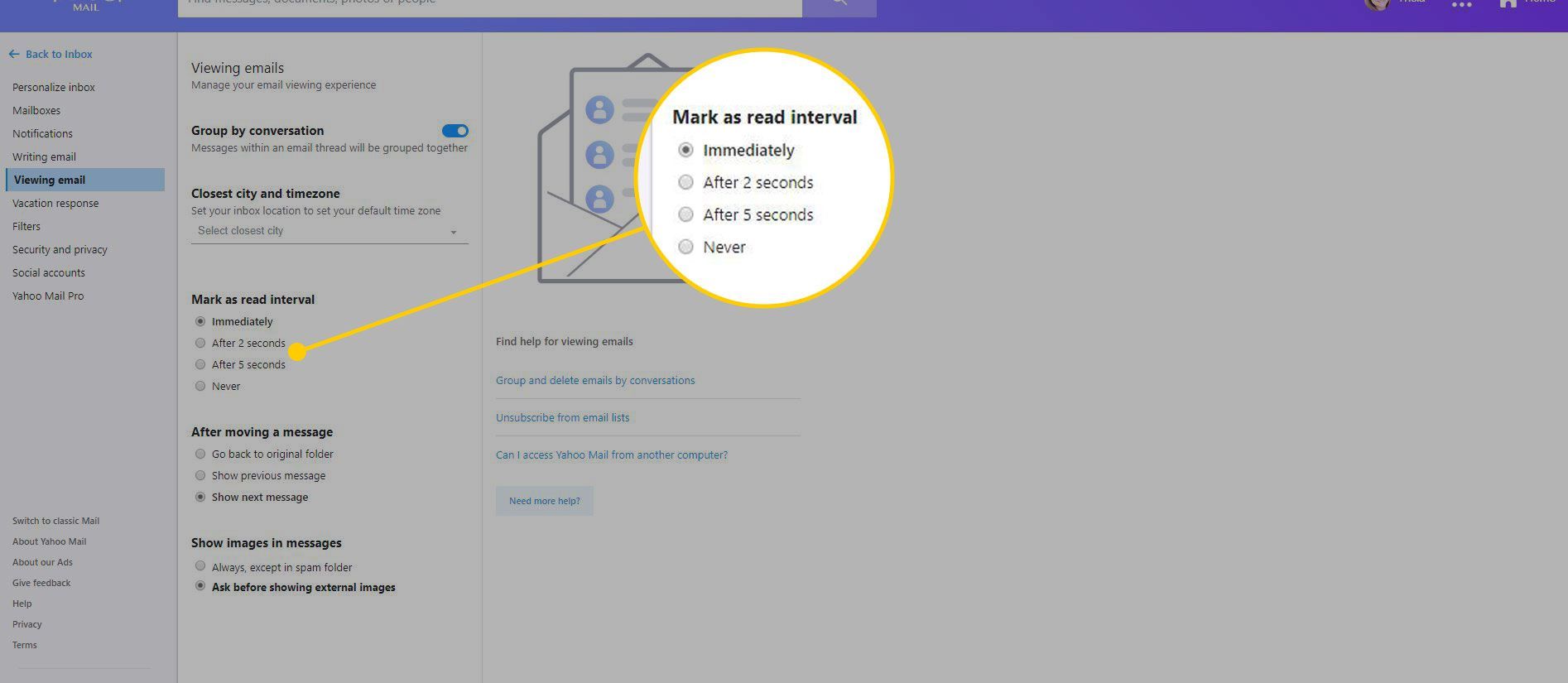 Настройки Почты Yahoo с выделенной опцией Пометить как интервал чтения