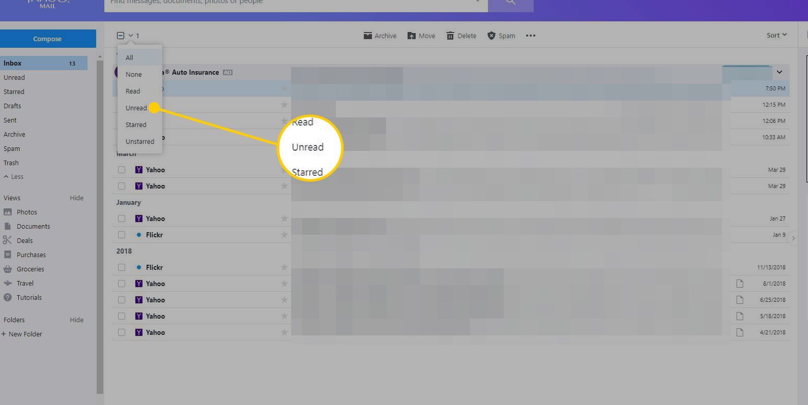 Почтовый ящик Yahoo Mail с выделенной опцией непрочитанного меню