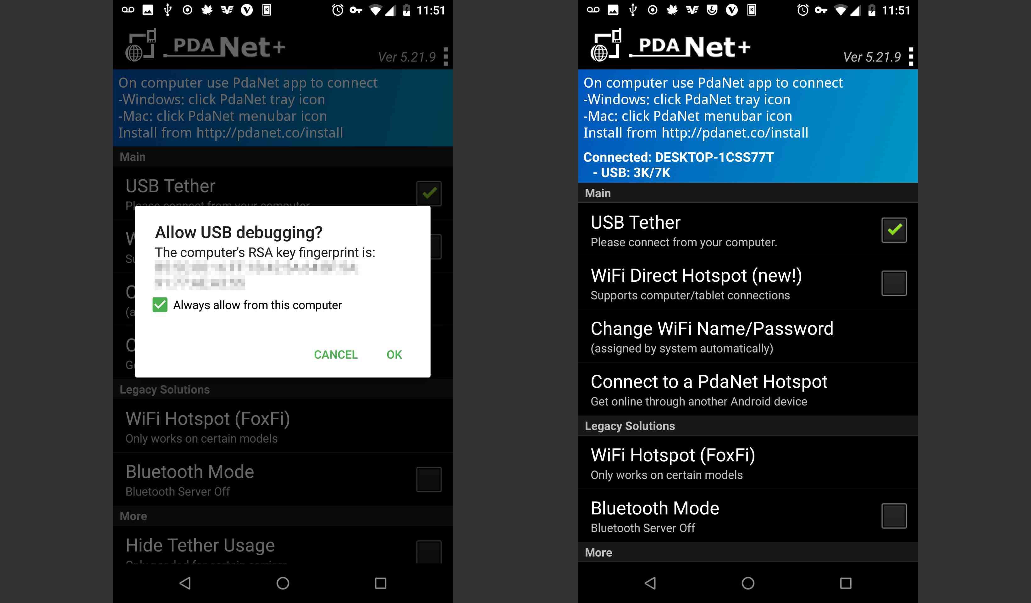 Android разрешает отладку по USB PdaNet +