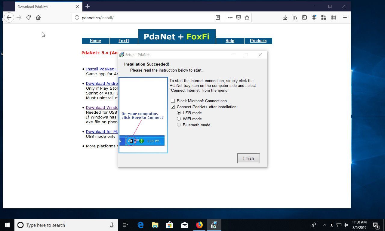 Windows 10 PdaNet + установка завершена