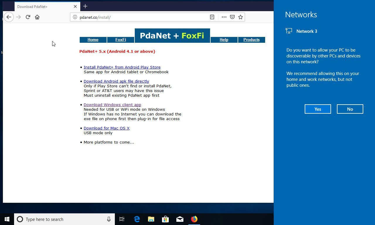 Windows 10 подключена к PdaNet +