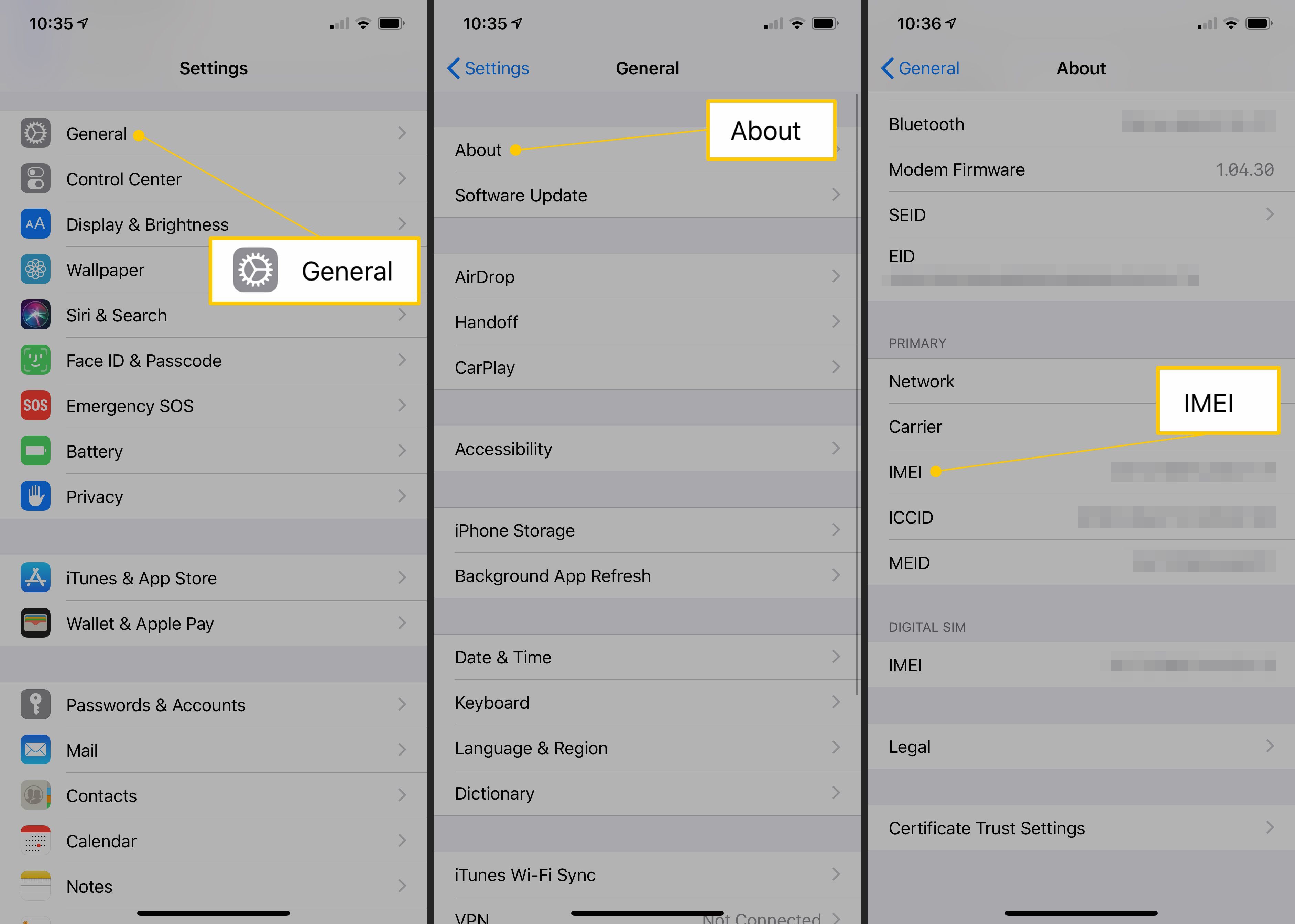 Общие, О, IMEI разделы приложения Настройки iOS