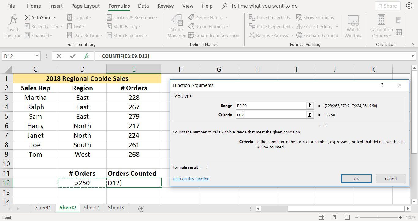 Снимок экрана Excel, показывающий функцию COUNTIF в действии