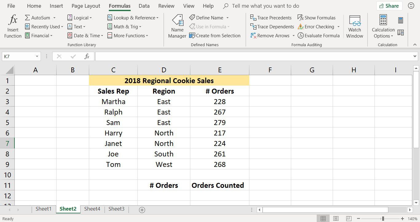 Снимок экрана, показывающий данные, используемые с функцией COUNTIF в Excel
