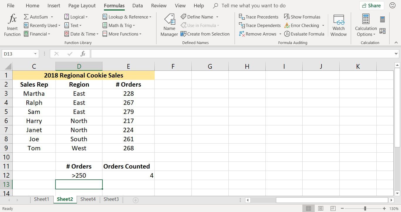 Снимок экрана, показывающий результаты функции COUNTIF в Excel