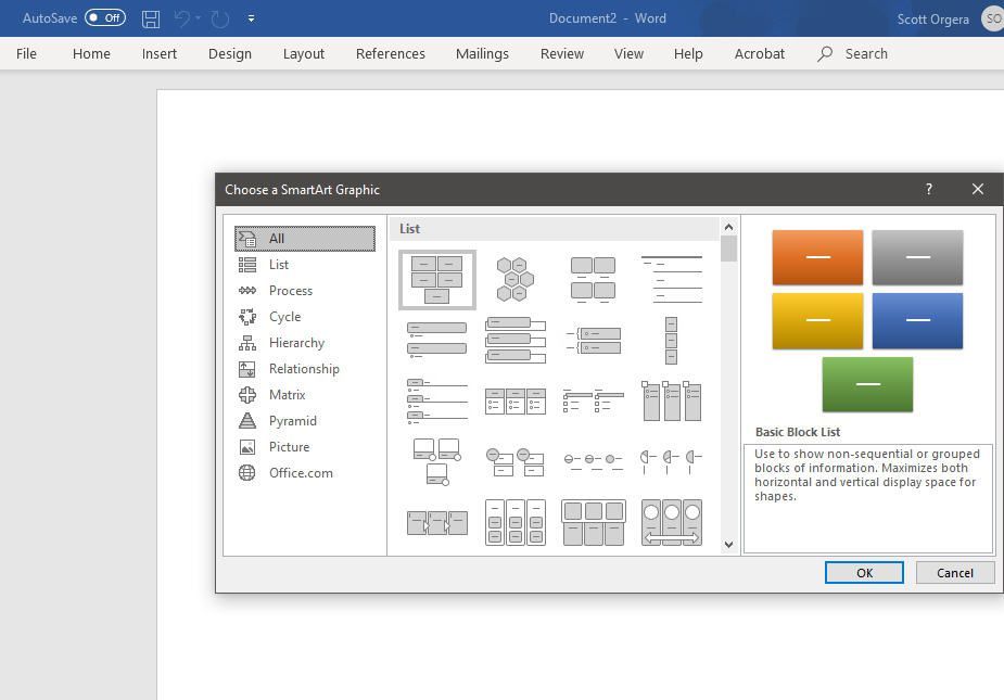 снимок экрана графического интерфейса SmartArt в Word для Windows