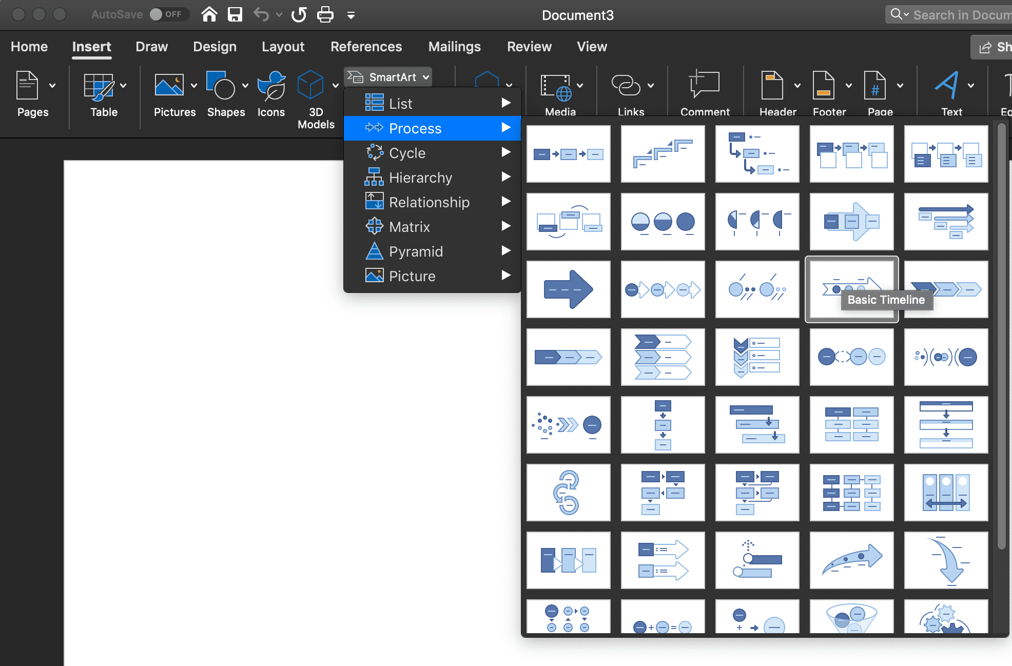 Снимок экрана параметров процесса SmartArt в Word для macOS