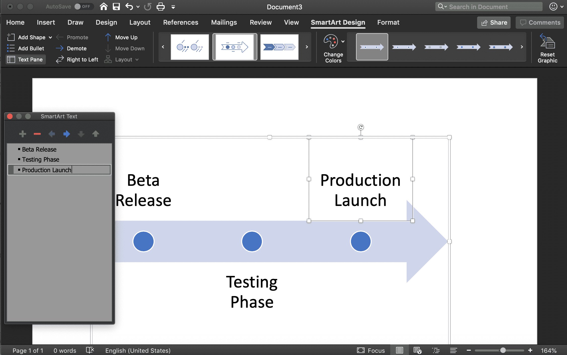 снимок экрана шаблона основной временной шкалы в Word для macOS