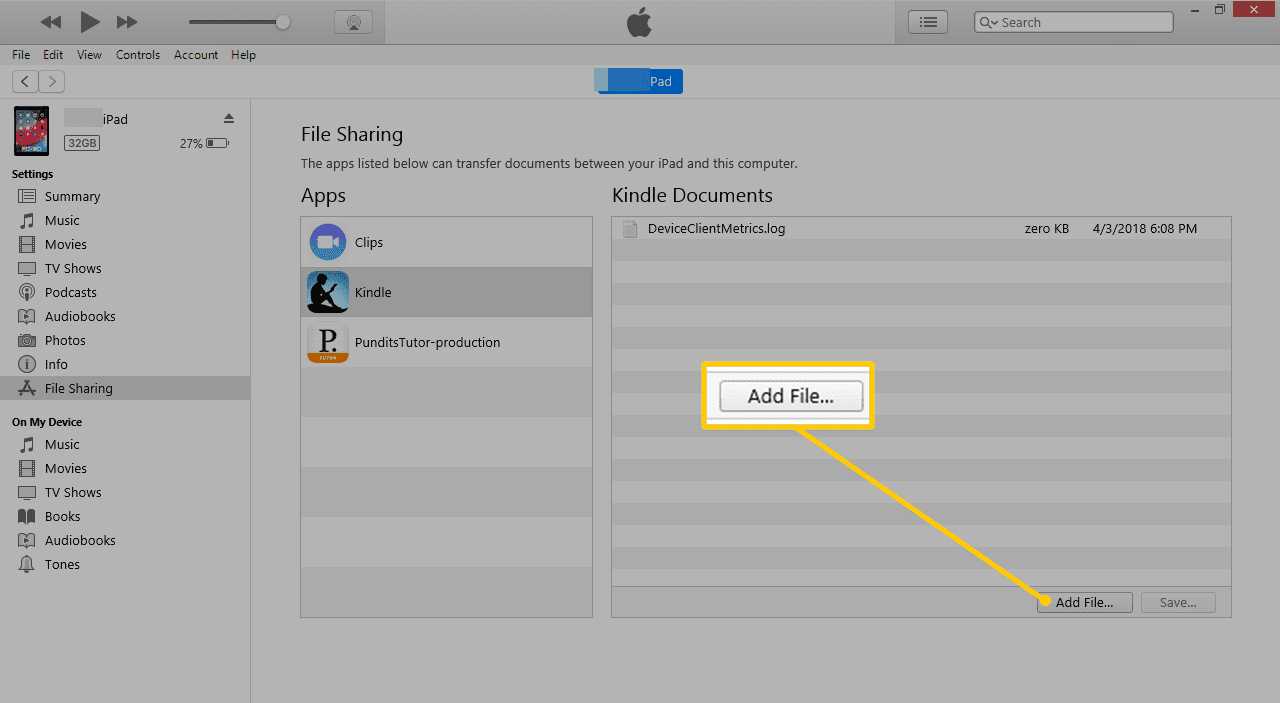 Кнопка «Добавить файл» в iTunes