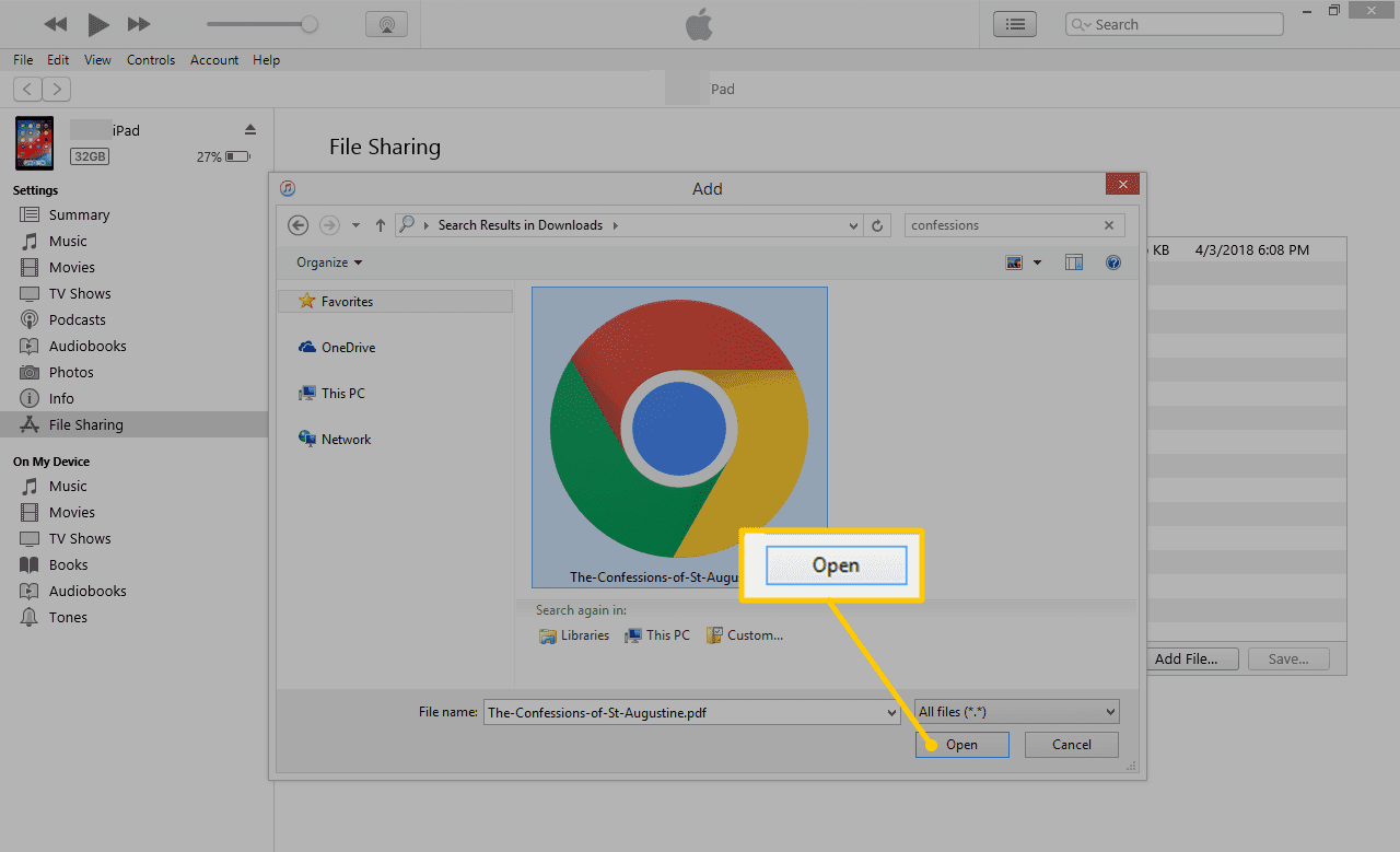 Кнопка «Открыть» в iTunes «Общий доступ к файлам»