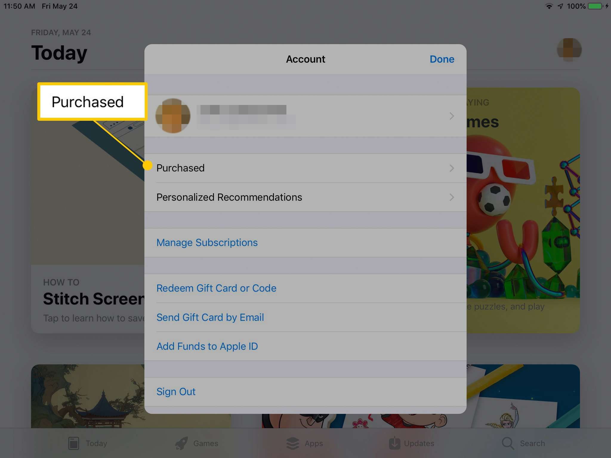 Купленная кнопка в Аккаунте в App Store для iPad