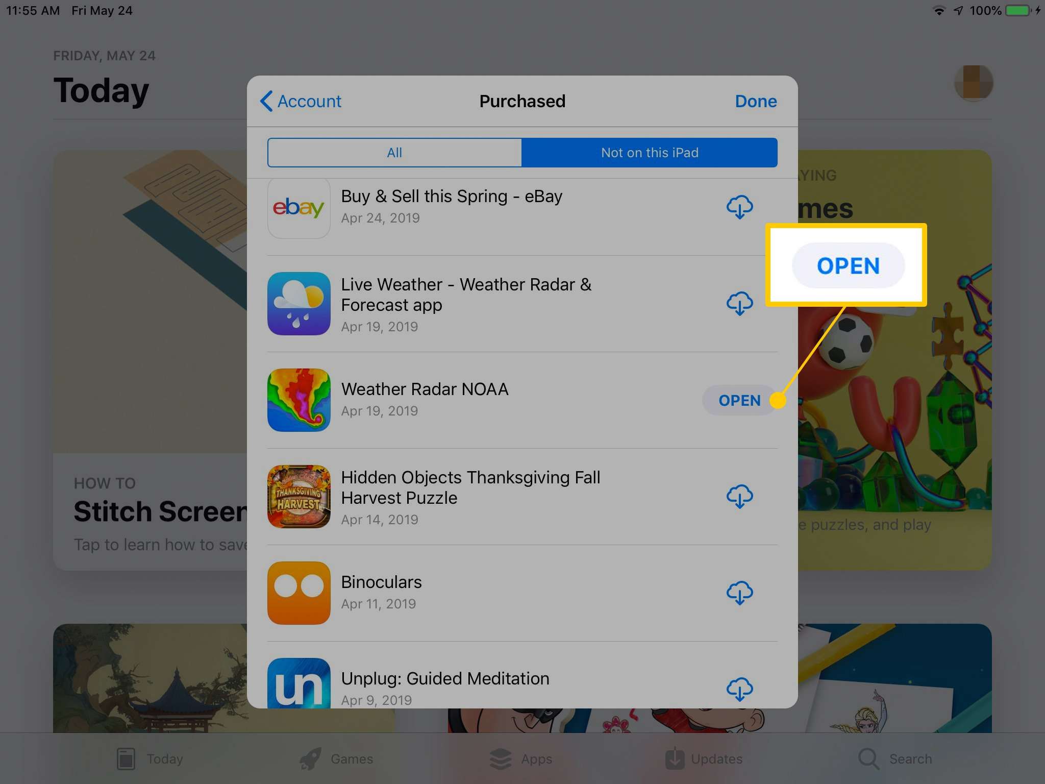 Кнопка «Открыть» в App Store на iPad