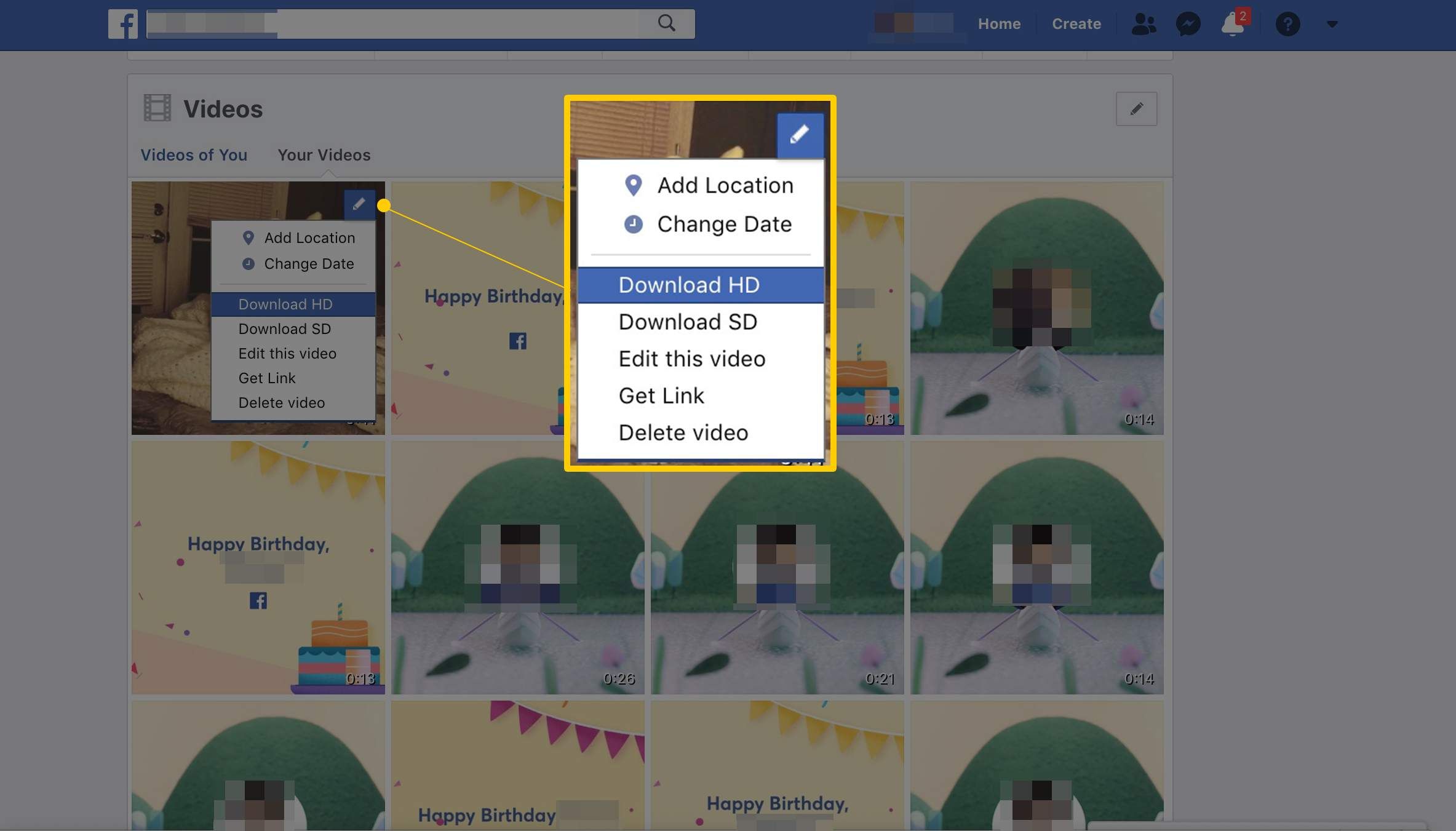 Параметры загрузки на странице «Ваши видео» в Facebook, включая HD и SD