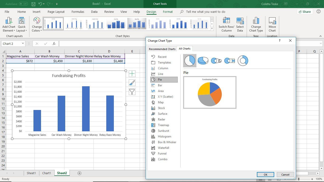 Снимок экрана, показывающий, как изменить тип диаграммы в Excel