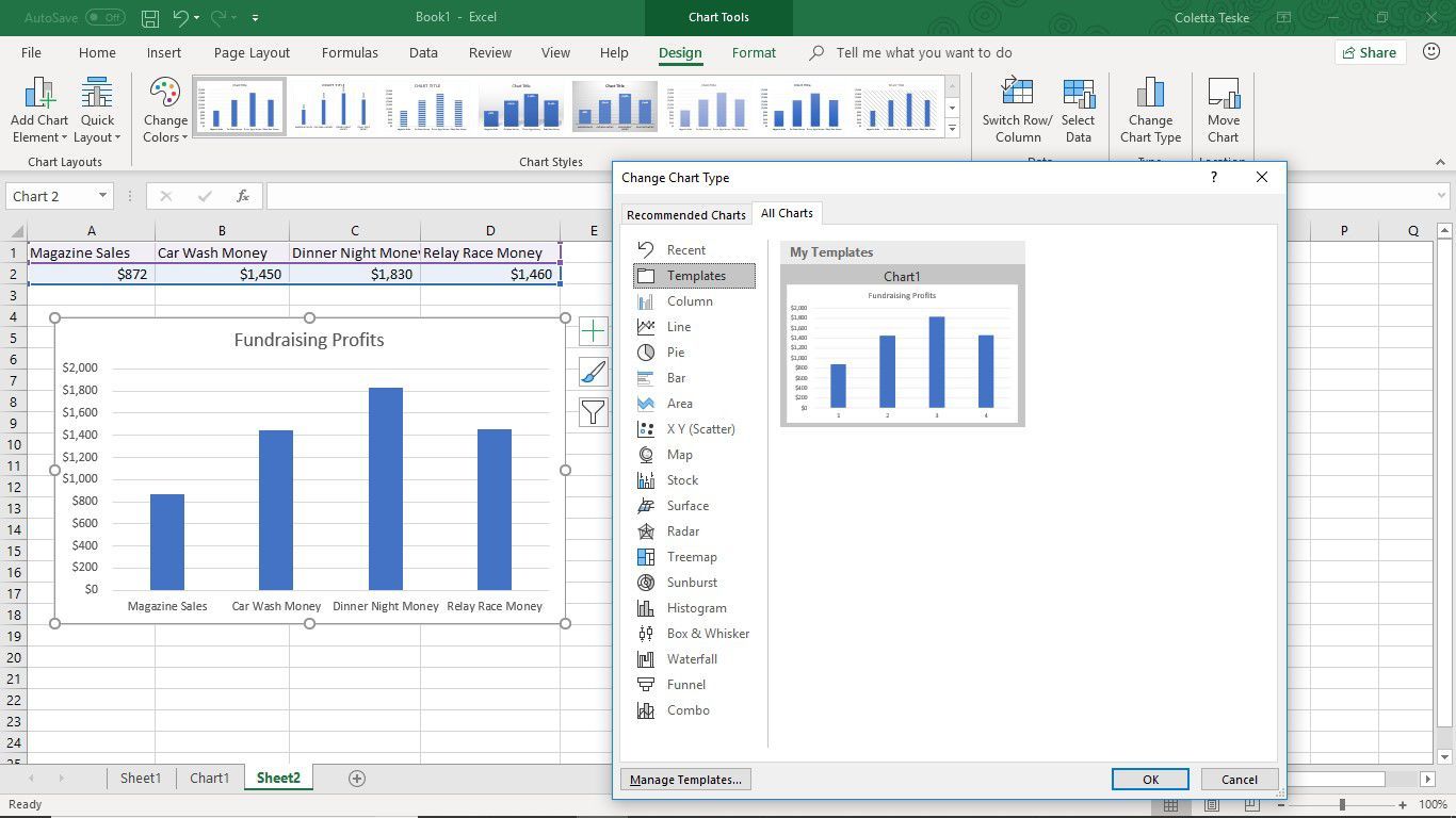 Снимок экрана, показывающий, как удалить шаблон диаграммы в Excel